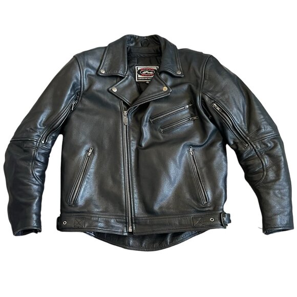 River Road Men’s Caliber Lined Motorcycle Jacket Sz 42 Black Leather Elbow Pad - Picture 1 of 13